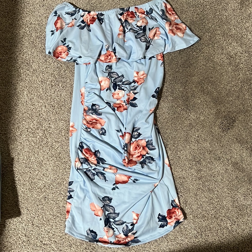 Blue Floral Off Shoulder Maternity Dress - Picture 6 of 6